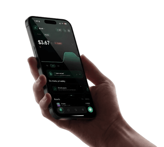 A hand holding the Veilo app on its private home screen